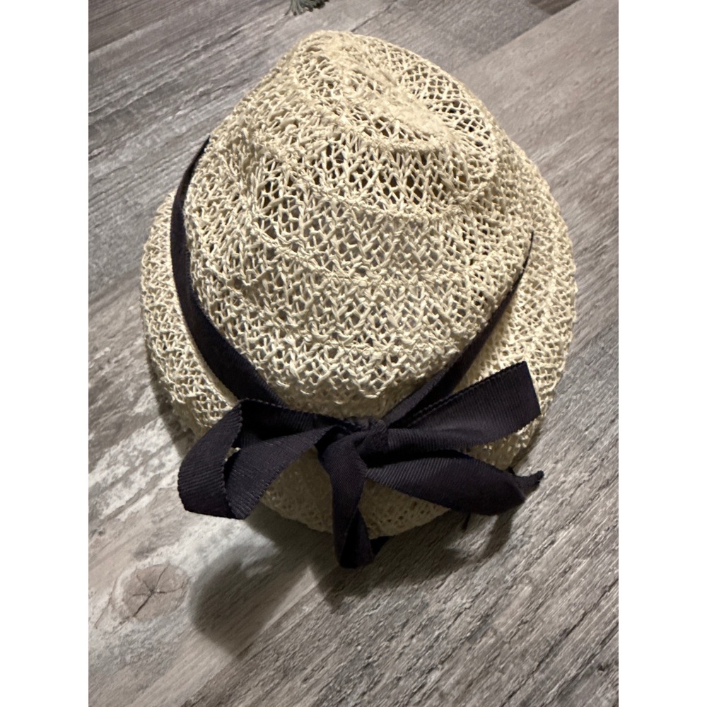 Woven Straw Sun Hat Cream Crochet Knit with Navy Grosgrain Bow Accent